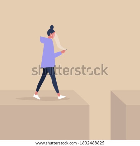 Young female character addicted to smart phone striding to the abyss, nomophobia, millennial lifestyle