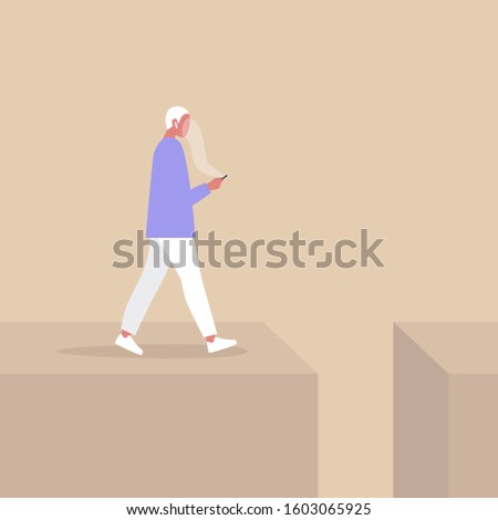 Young male character addicted to smart phone striding to the abyss, nomophobia, millennial lifestyle