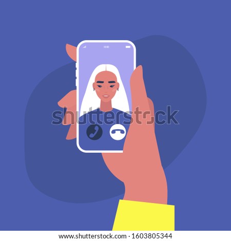 Incoming video call, A portrait of a young asian female character on a mobile phone screen, Millennial lifestyle