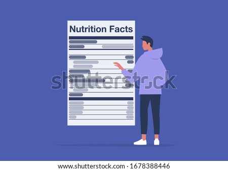 Nutrition facts, added sugar, healthy lifestyle, balance of ingredients in daily ration, young male character reading a product label