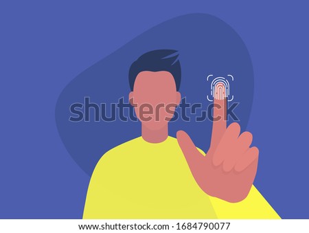 Fingerprint access, new technologies, young male character scanning their finger