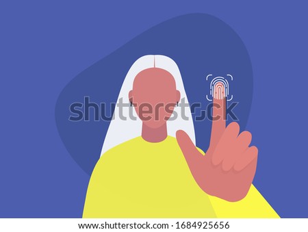 Fingerprint access, new technologies, young female character scanning their finger