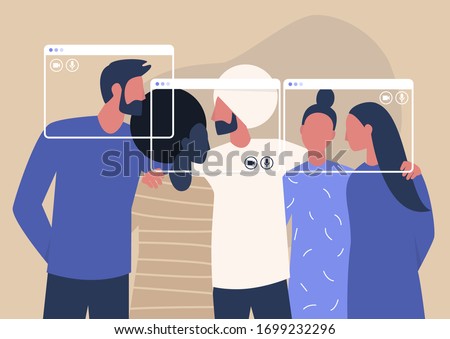 Group video call, virtual window frames, a diverse group of young characters gathering together online