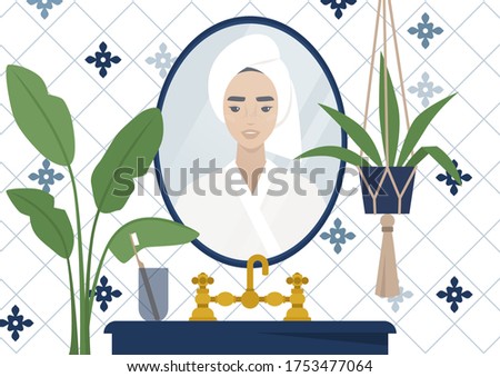 A mirror reflection of a young female character wearing a towel wrapped at the side of their head, azulejo tile, modern bathroom interior