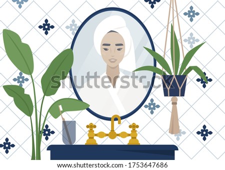 A mirror reflection of a young asian female character wearing a towel wrapped at the side of their head, azulejo tile, modern bathroom interior