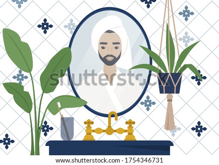 A mirror reflection of a young male character wearing a towel wrapped at the side of their head, azulejo tile, modern bathroom interior