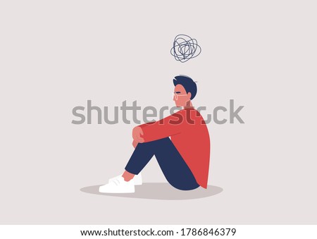 Young depressed male character sitting on the floor and holding their knees, a cartoon scribble above their head, mental health issues