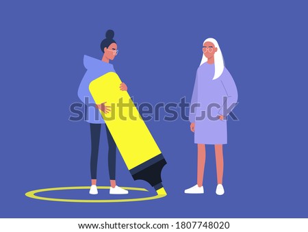 A character drawing a line around themselves with a neon yellow highlighter, a virus spread prevention, personal boundaries Сток-фото © 