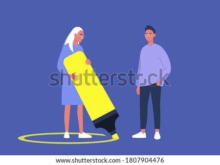 A character drawing a line around themselves with a neon yellow highlighter, a virus spread prevention, personal boundaries Сток-фото © 
