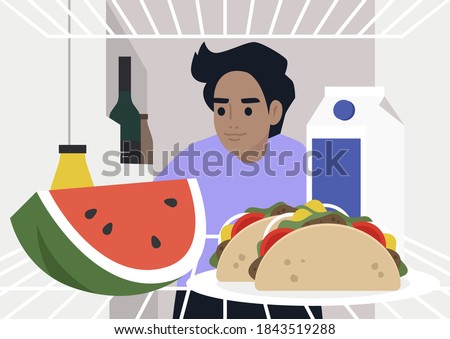 A young hungry male character looking into the fridge, lunch at home, a lockdown lifestyle