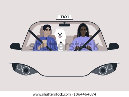 A front view of a taxi cab, a driver and a passenger on a front seat with a dog on a backseat, urban lifestyle