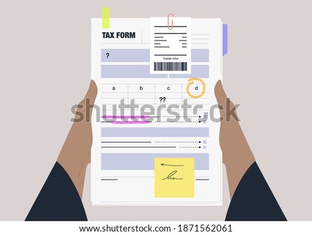 Filing a tax return form, hands holding a blank document with footnotes, highlights, stickers, and bookmarks, a financial advisor service
