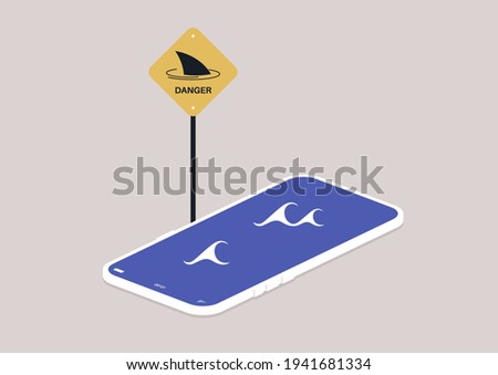 A conceptual tech illustration, a yellow sign warning about risks of smartphone addiction and digital crimes