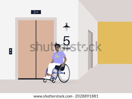 The young male Black character in a wheelchair waiting for the elevator, inclusion in daily life