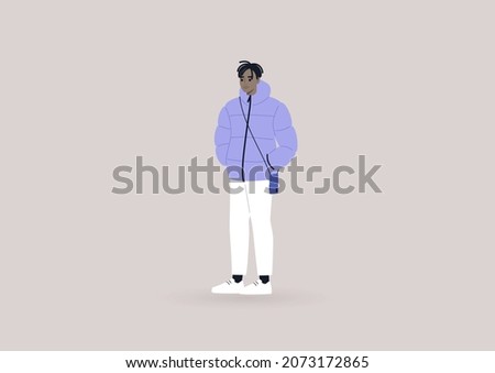 A young male African character wearing a winter puffer down jacket and a mobile phone case on a strap, modern lifestyle