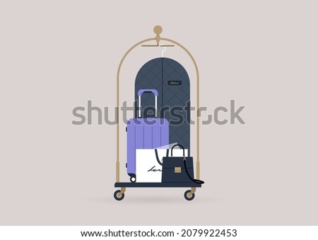 A hotel luggage cart loaded with suitcases and bags