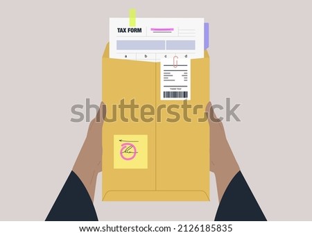A tax return form with notes and stickers in a yellow envelope, bookkeeping and accounting, financial report