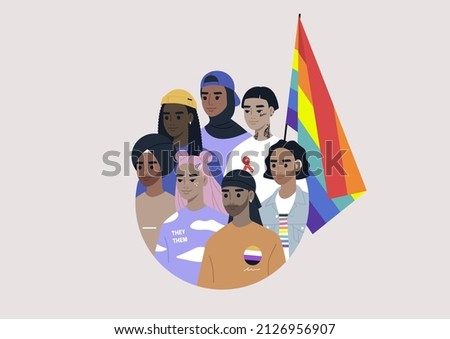 A diverse group of modern millennials with a rainbow flag drawn in a circle, people wearing LGBTQ community signs and symbols