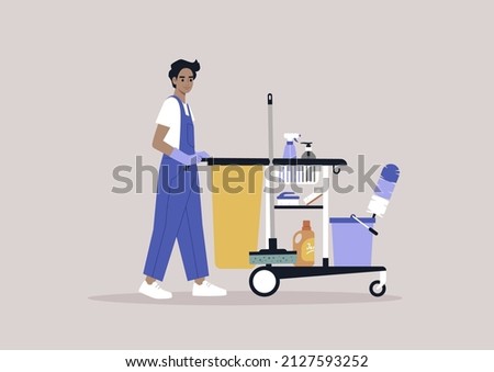 A young male character in a uniform rolling a hotel cleaning service cart