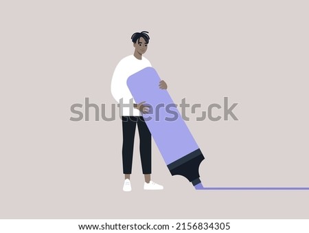 A young male African character drawing a line with a highlighter, personal space concept, social distancing