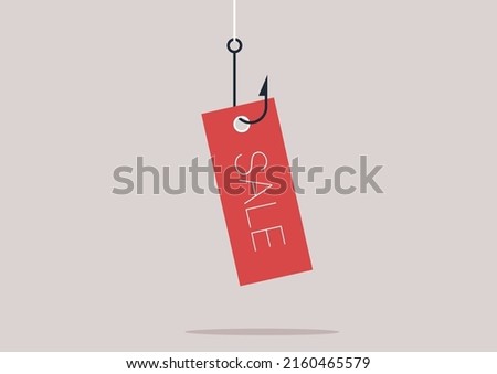 A sale tag hanging on a hook, online scam, a suspicious commercial offer