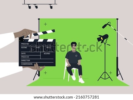 A chroma key screen in a movie studio, A young male Asian character sitting on a chair, a confident handsome actor being filmed in a video