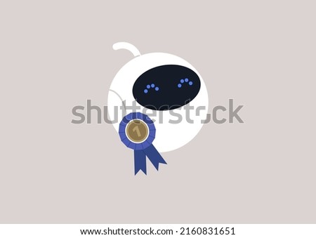 A robot wearing a golden medal decorated with a blue ribbon, a contest winner, AI best result