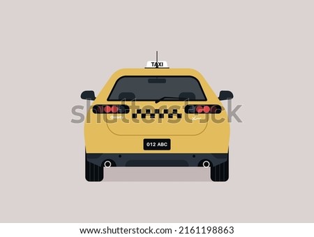 A yellow taxi cab with a checkered pattern, a rear view