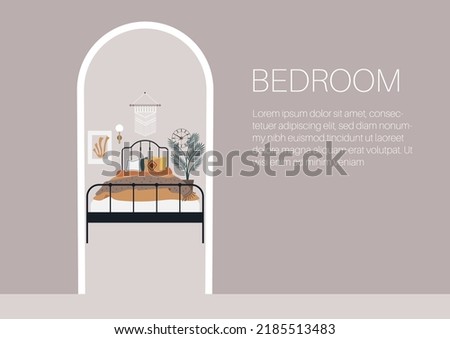 A boho chic bedroom decorated with house plants, blankets, pillows, books, candles, and other home decor, a doorway view