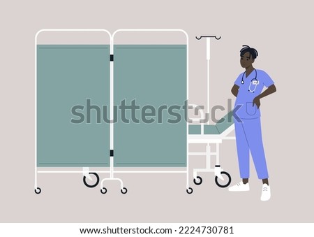 A hospital screen partition on wheels, a medical bed behind a room divider, a young doctor wearing a uniform