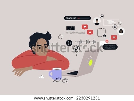 A young male Caucasian character ovewhelmed with online notifications, messages, calls, emails, social media reactions, and other digital activities Foto stock © 
