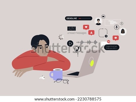 A young male Asian character ovewhelmed with online notifications, messages, calls, emails, social media reactions, and other digital activities