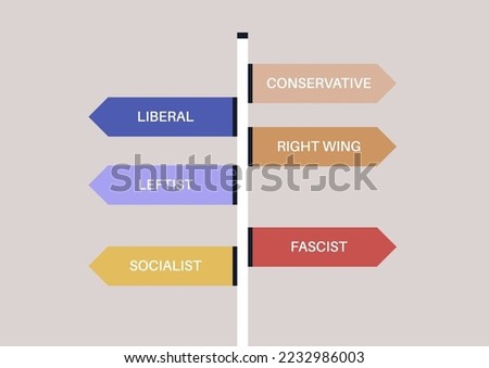 Left, right, and centrist political views depicted as a signpost with arrows pointing different directions