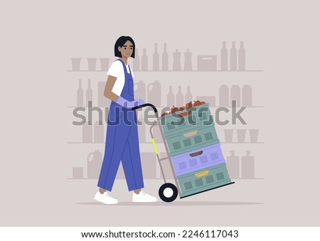 A young character in denim overalls pushing a cart with a stack of crates, supermarket jobs