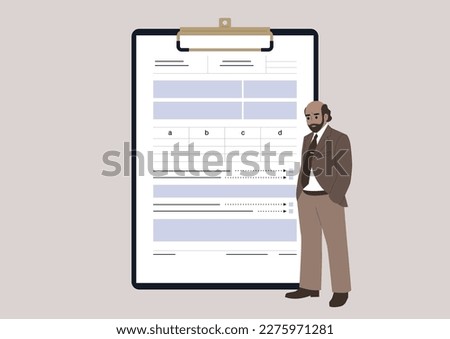 Male bookkeeper dressed in a costume standing next to a tax form that needs to be filled out
