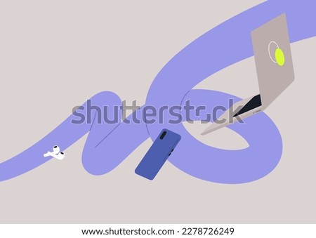 A purple 3D abstract curvy tube swirling with gadgets floating around