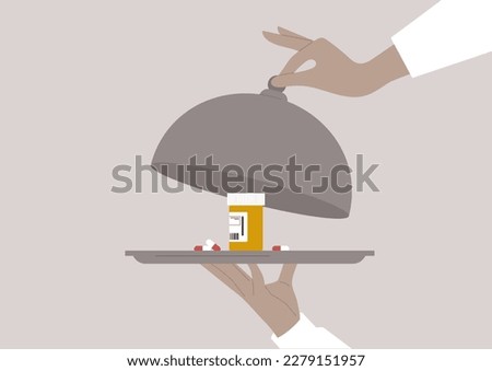 Drug abuse metaphor, waiter's hands unveiling a cloche, a box of prescription pills on a tray, dangerous or harmful behavior
