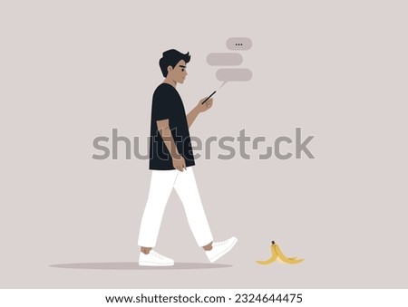 Young male Caucasian character addicted to their smartphone ignoring a banana peel on their way