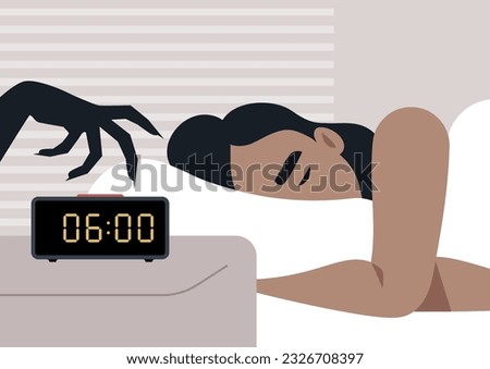 An oversleeping concept, a mysterious monster hand turning off the alarm clock in the morning