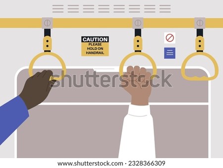 Hands holding on handrails in public transport, daily commute