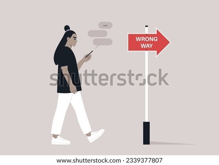 Young Asian character addicted to their smartphone ignoring a banana peel on their way