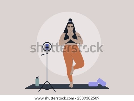 A young female character in a tree pose practicing yoga at home, an online workout scene, sport outfit
