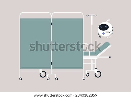 In the medical facility, a robotic doctor stationed next to a movable hospital screen partition, with a bed concealed behind a room divider