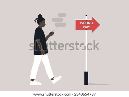 Young African character addicted to their smartphone ignoring a banana peel on their way