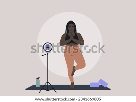 A young African female character in a tree pose practicing yoga at home, an online workout scene, sport outfit