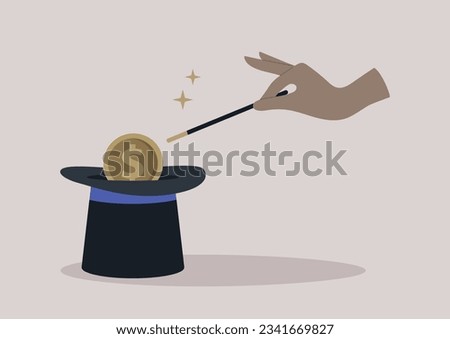 A hand doing a trick with a magic wand, a cylinder hat, and a disappearing dollar coin