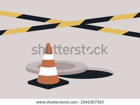 An open sewer hatch indicated with a traffic orange cone, a yellow do not cross tape used as a barrier, maintenance works