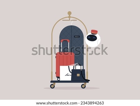 An autonomous porter robot gracefully pushing a hotel luggage cart piled high with suitcases and bags, showcasing efficiency and modern technological prowess