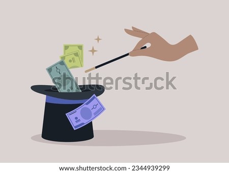 A hand performs a mesmerizing feat with a magic wand, conjuring a captivating spectacle as a stream of money magically materializes from within the cylinder hat