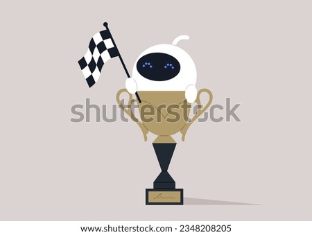 Cute white robot with a checkered black and white flag greeting a competition winner